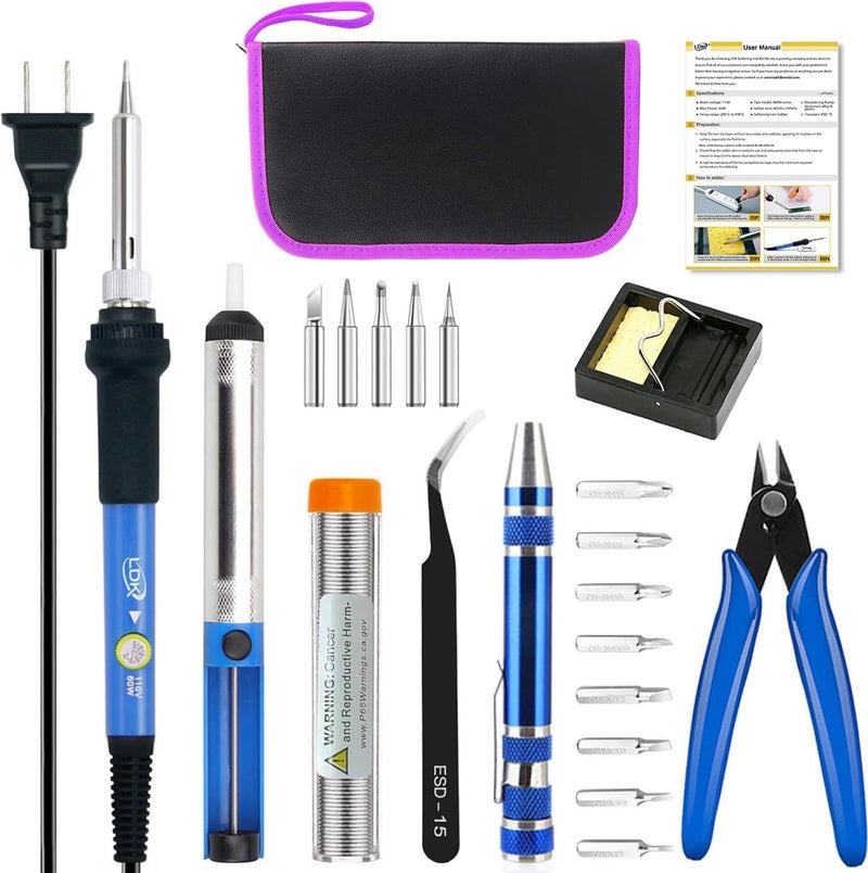 LDK Electric Soldering Iron Kit 60W, Adjustable Temperature with 5pcs Different Tips, Desoldering Pump, Stand, anti-static Tweezers, Solder Tube, Screwdriver, Cutter and Carry Bag for Repaired Usage - Image 1